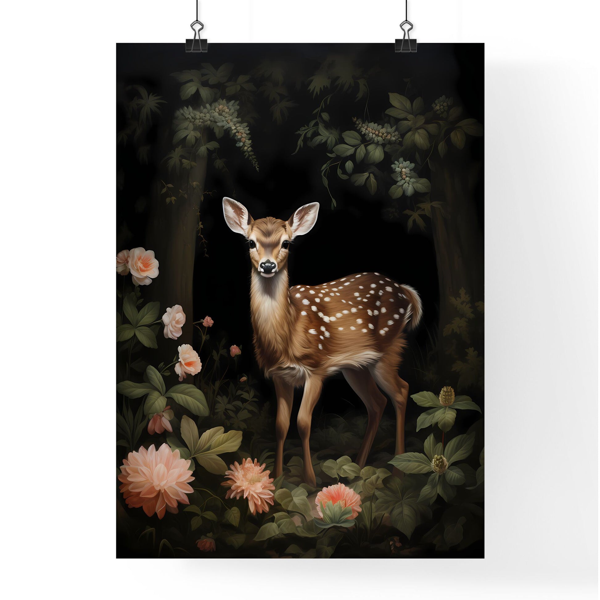 A Poster of a painting of a deer standing in the forest - A Deer In The Woods Default Title