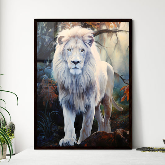 A Poster of A snow-white lion stood on the grass - A Lion In A Forest Default Title