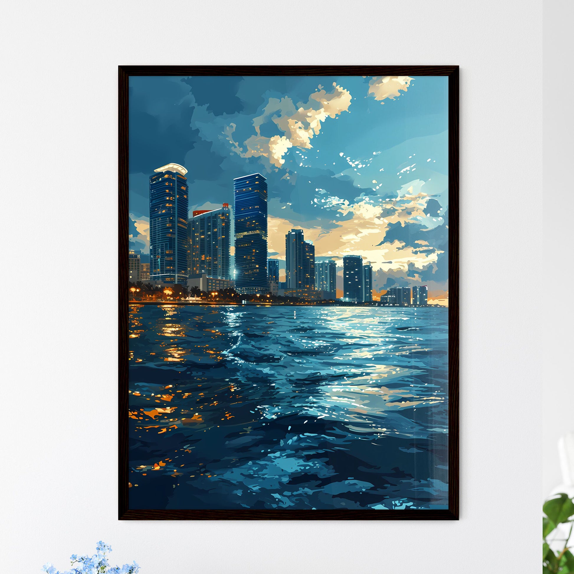 A Poster of Miami Skyline - A City Skyline With Water And Clouds Default Title