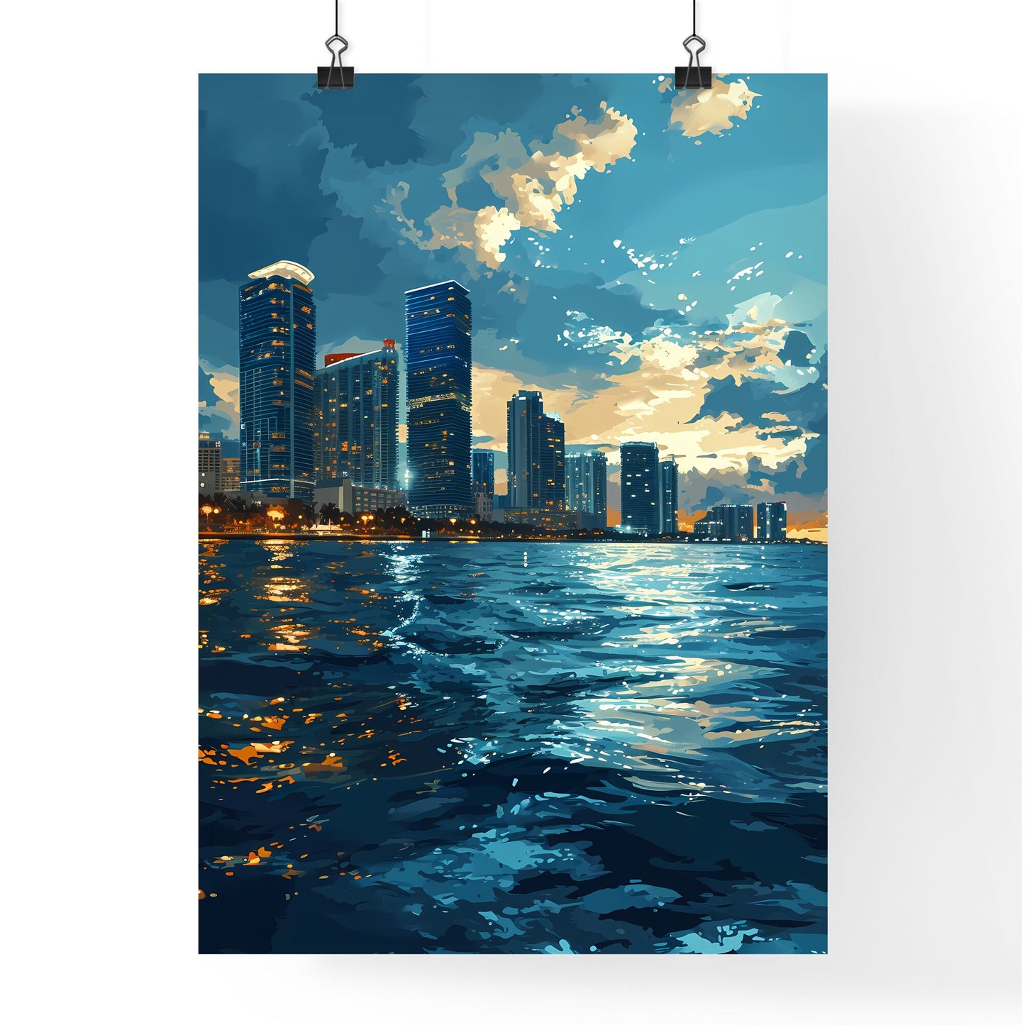 A Poster of Miami Skyline - A City Skyline With Water And Clouds Default Title