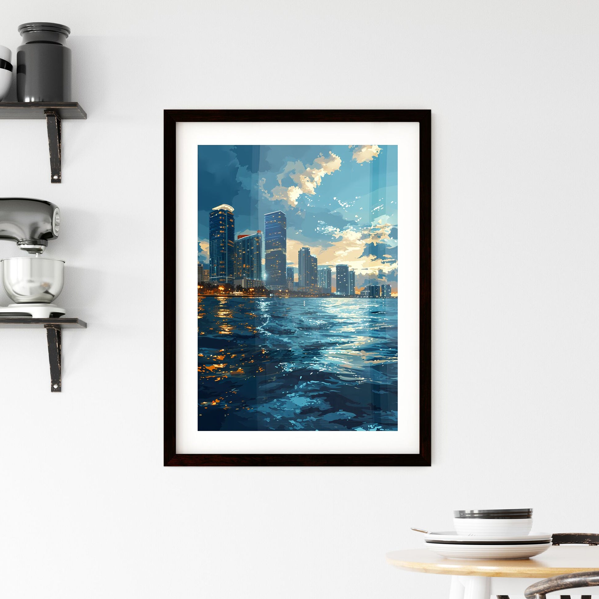 A Poster of Miami Skyline - A City Skyline With Water And Clouds Default Title