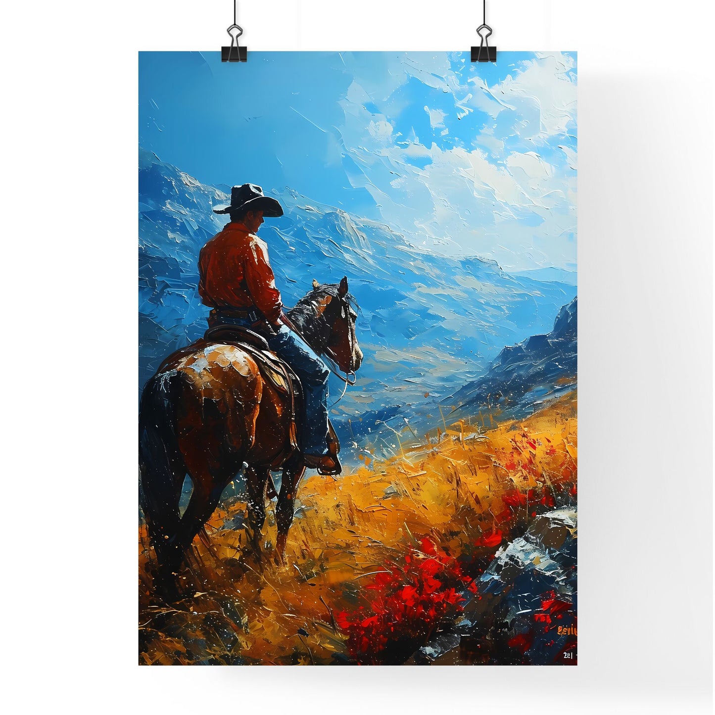 A Poster of de kooning style cowboy - A Man Riding A Horse In A Valley Default Title