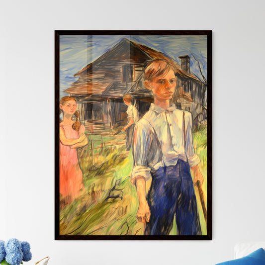 A Poster of In a country side - A Painting Of A Boy And Girl In Front Of A House Default Title