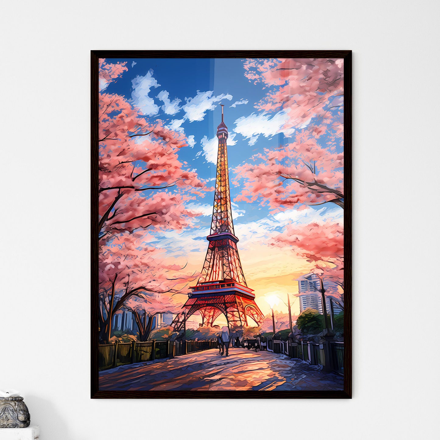 A Poster of A painting of the Tokyo Tower - A Tower With Pink Trees And People Walking In The Background Framed Art