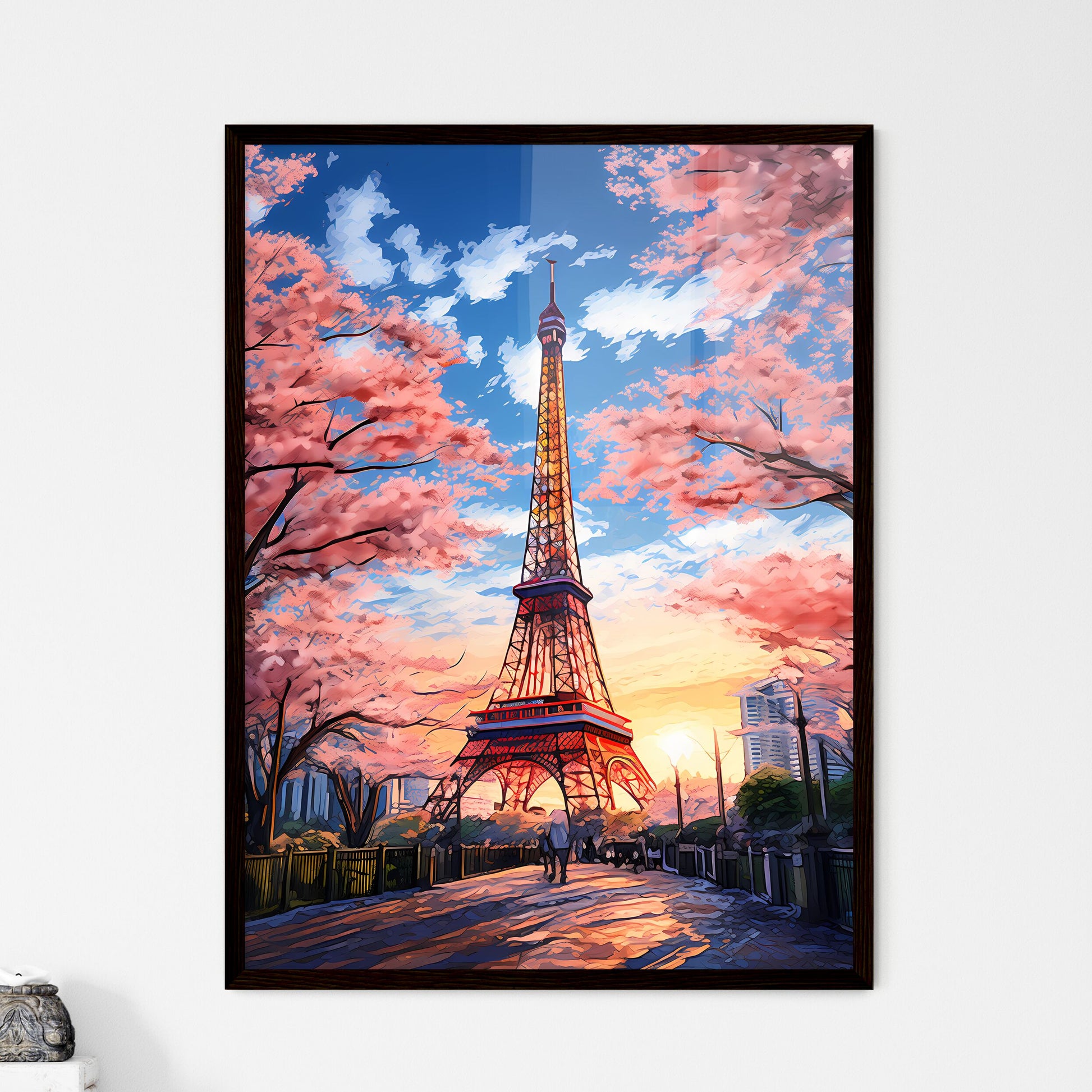 A Poster of A painting of the Tokyo Tower - A Tower With Pink Trees And People Walking In The Background Framed Art