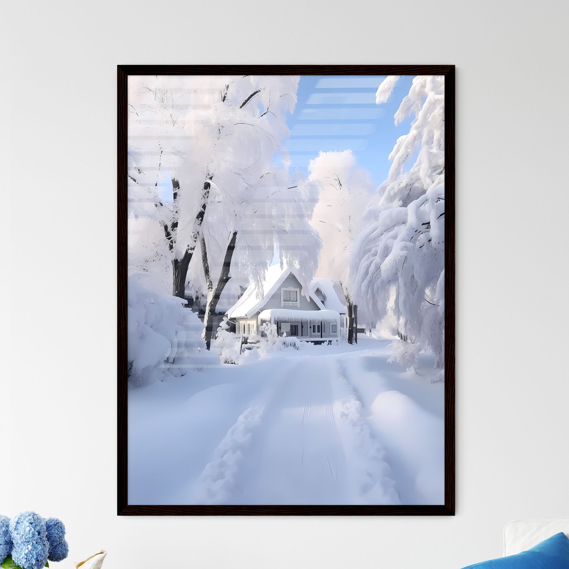 A Poster of beautiful snow scene - A House In The Snow Framed Art