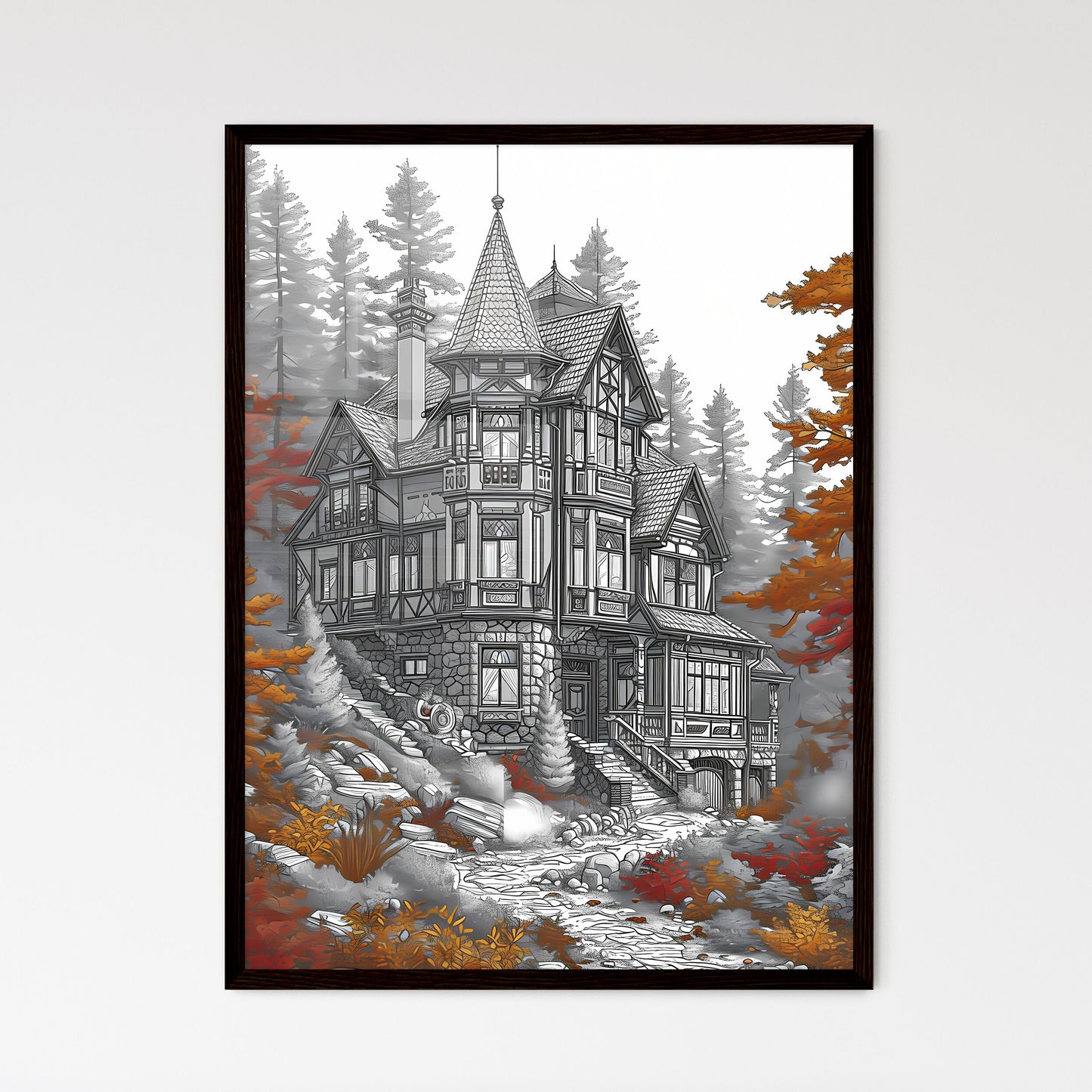 A Poster of coloring page for kids summer - A Drawing Of A House In The Woods Framed Art