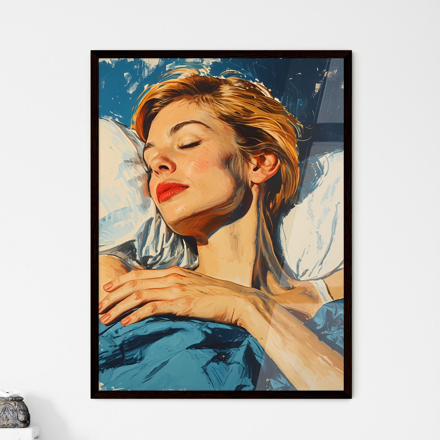 A Poster of painted portrait of woman in bed - Framed Art Print