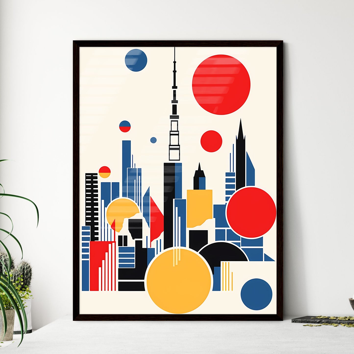 A Poster of minimalist Tokyo skyline - A Colorful Cityscape With Red Circles And A Tower Framed Art