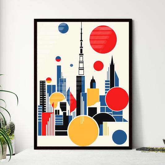 A Poster of minimalist Tokyo skyline - A Colorful Cityscape With Red Circles And A Tower Framed Art