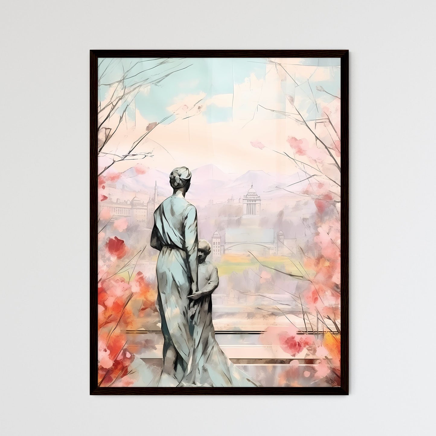 A Poster of mothers day background - A Statue Of A Woman And Child Looking At A City Default Title