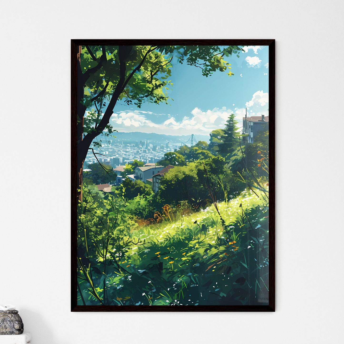 A Poster of San Franciso Skyline - A View Of A City From A Hill Framed Art
