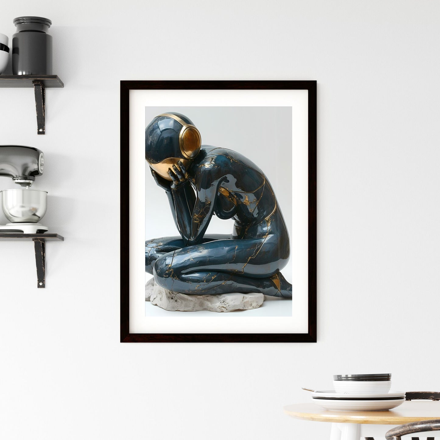 A Poster of a woman wearing chrome reflective body suite - A Statue Of A Woman With A Helmet On Her Head Default Title