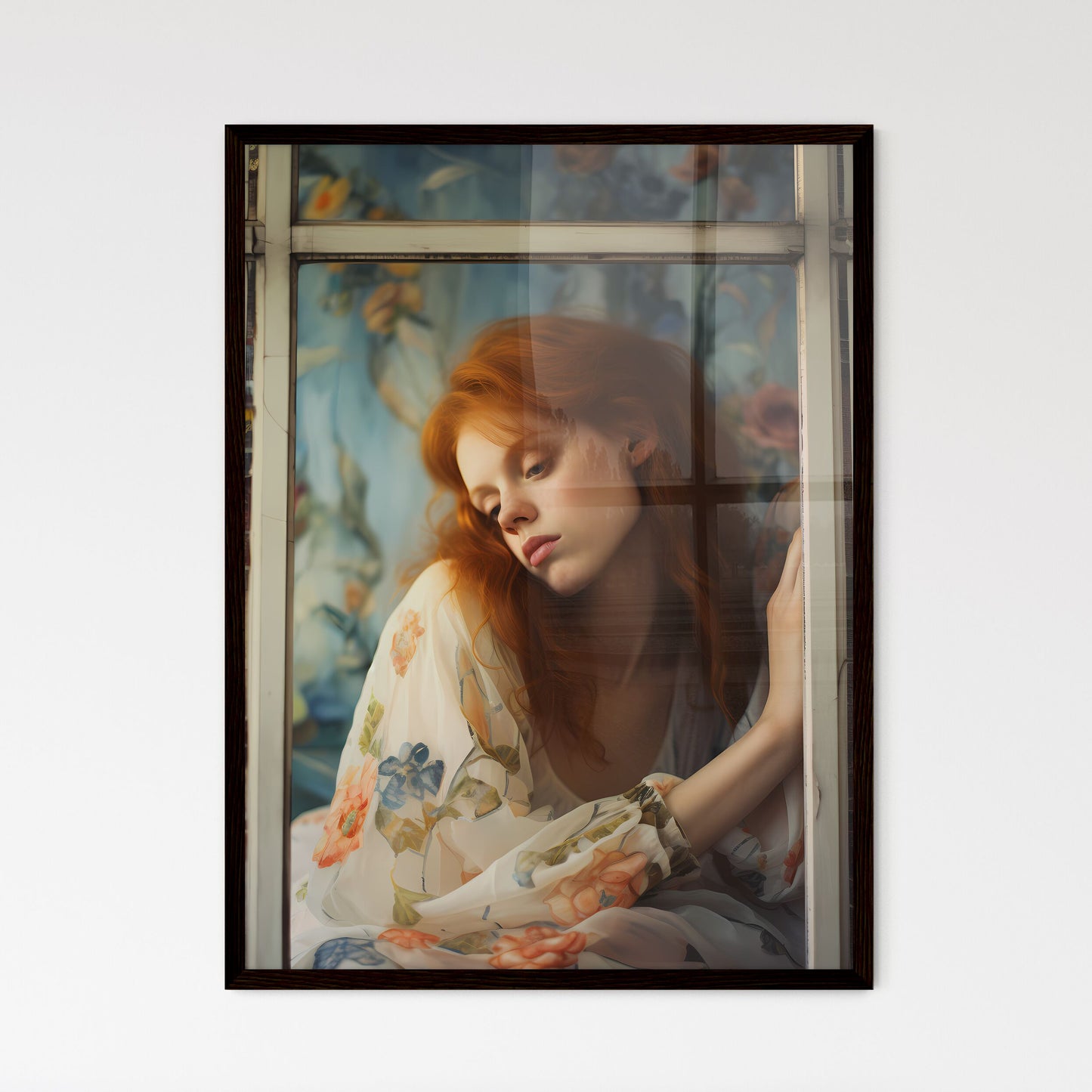 A Poster of woman with red hair sitting - A  - Framed Art Print