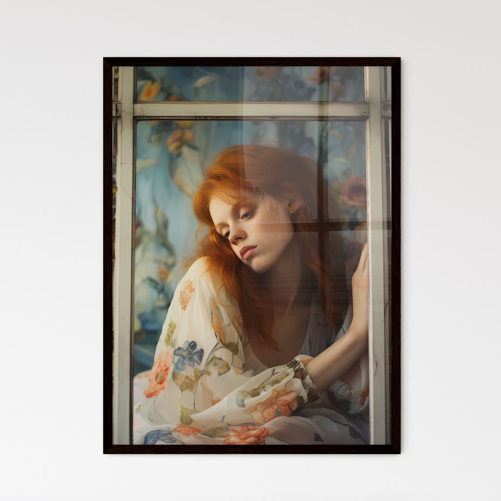 A Poster of woman with red hair sitting - A  - Framed Art Print