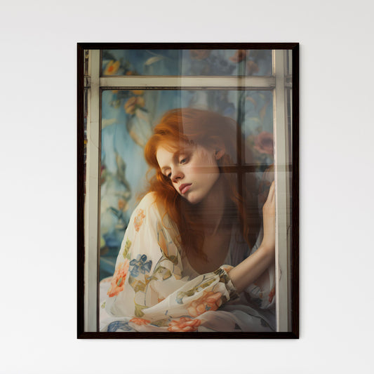 A Poster of woman with red hair sitting - A  - Framed Art Print