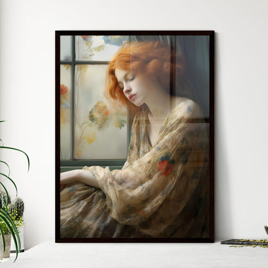 A Poster of woman with red hair sitting - A  - Framed Art Print