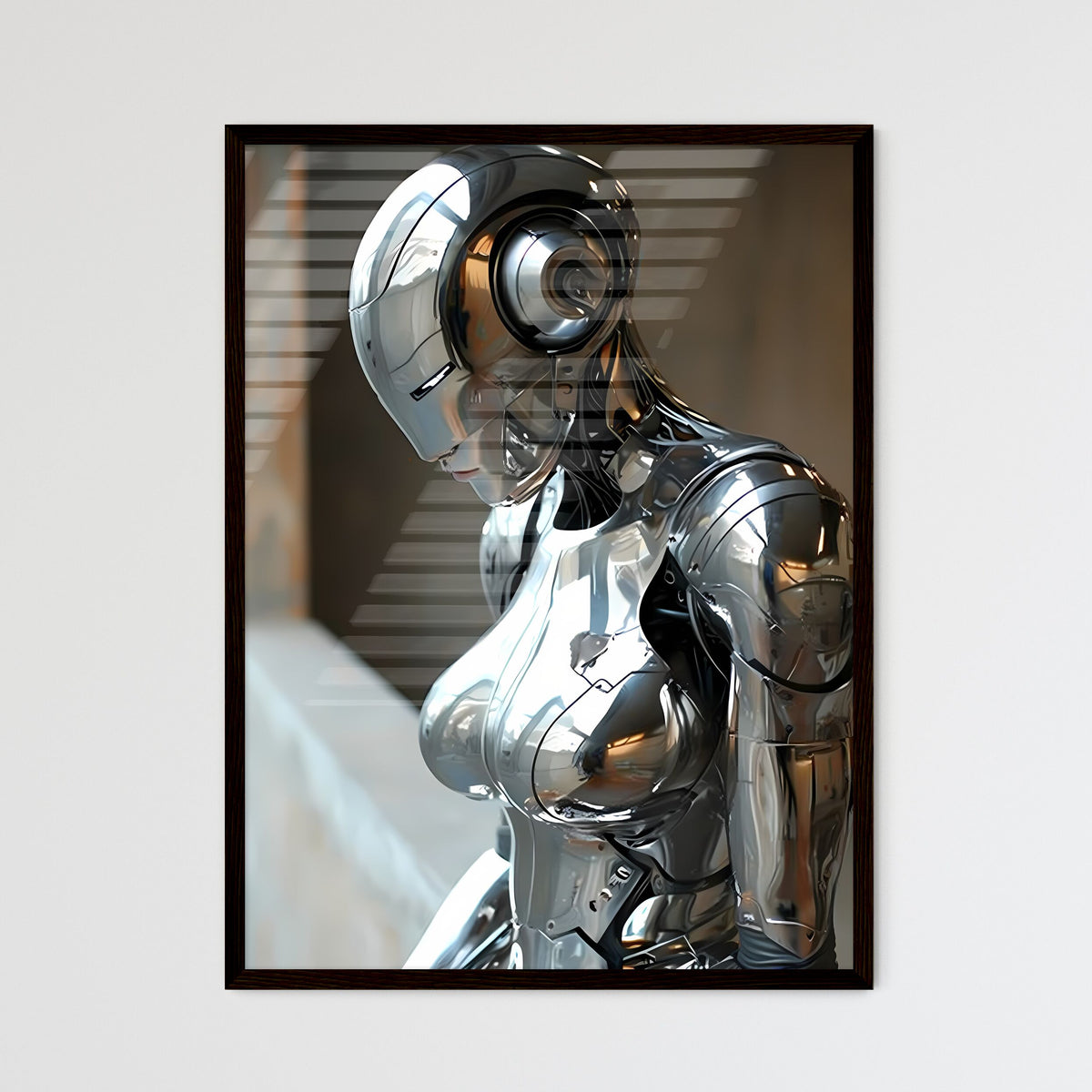 A Poster of a woman wearing chrome reflectiv - Framed Art Print
