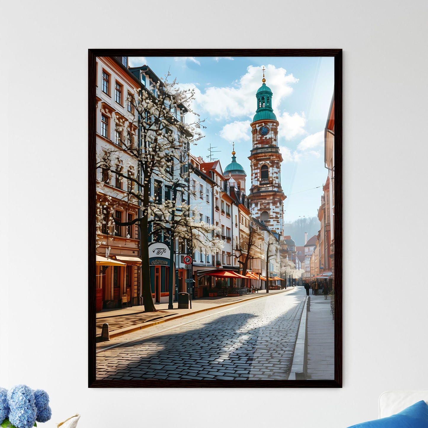 A Poster of Darmstadt Hesse germany Skyline - A Street With Buildings And A Clock Tower Framed Art