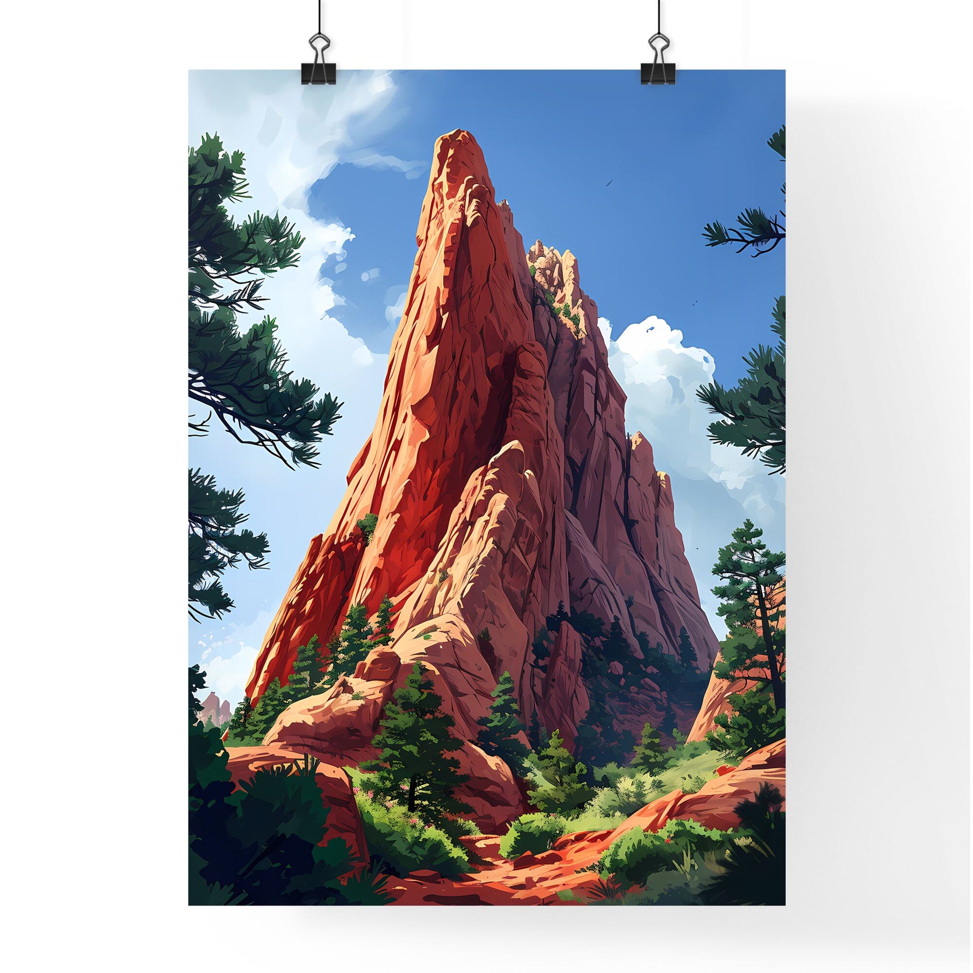 A Poster of Colorado Springs Art Sketch with clear blue Background - A Red Rock Mountain With Trees And Blue Sky Default Title