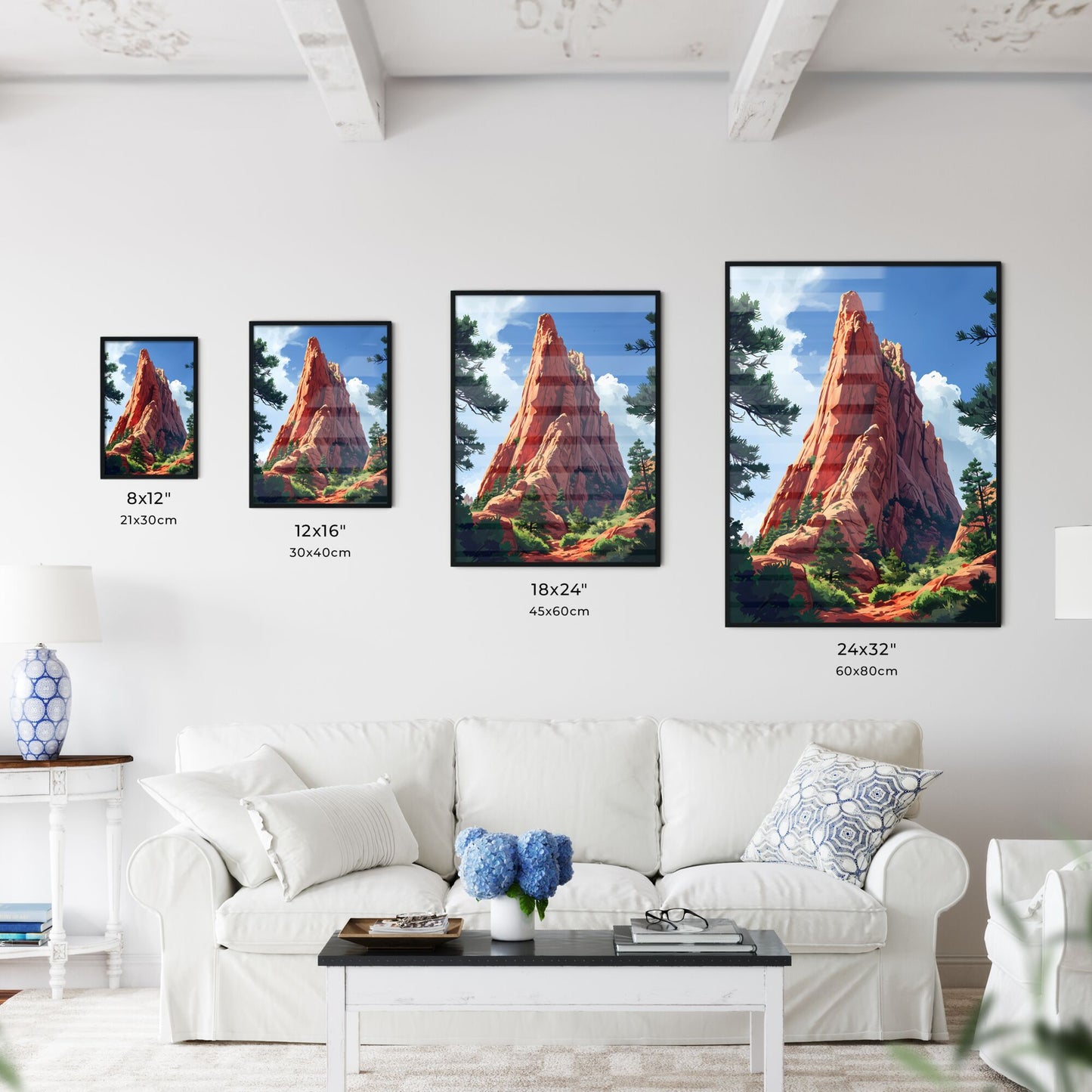 A Poster of Colorado Springs Art Sketch with clear blue Background - A Red Rock Mountain With Trees And Blue Sky Default Title