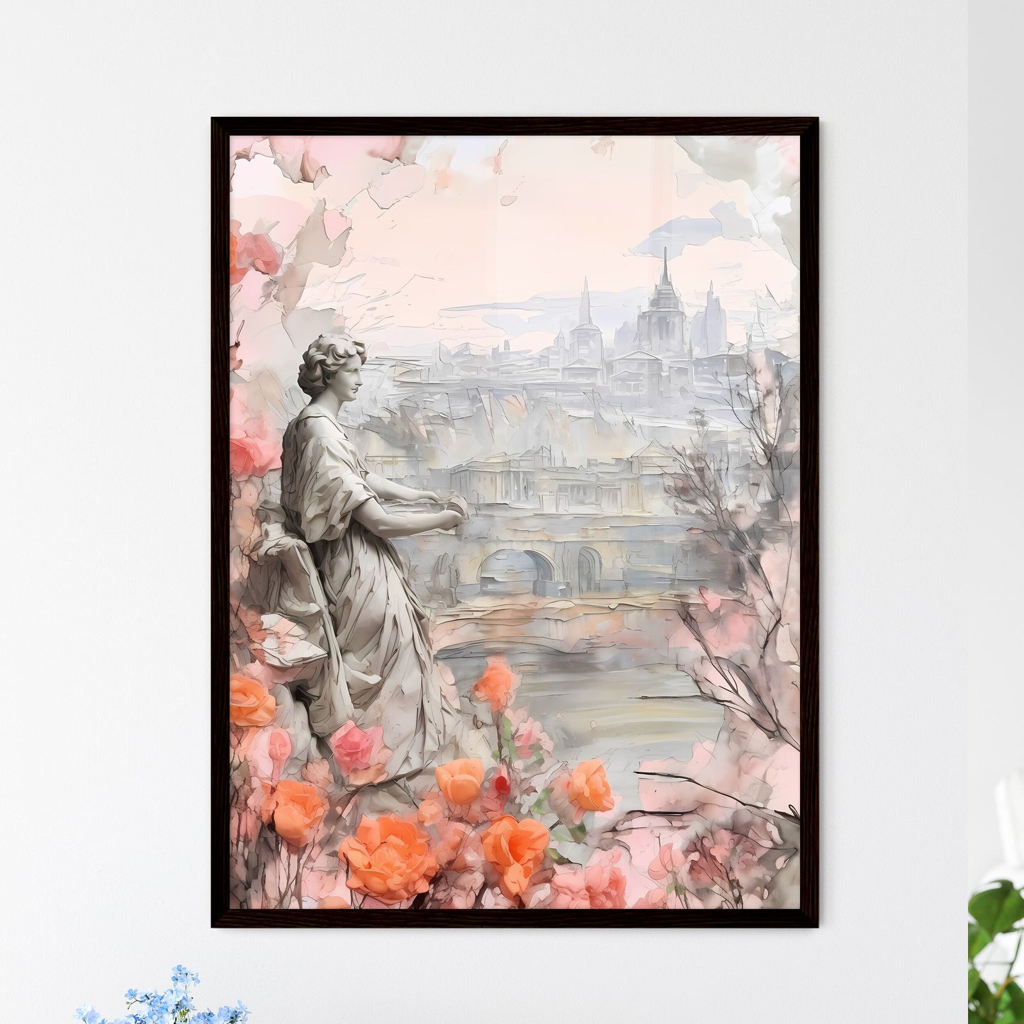 A Poster of mothers day background - A Statue Of A Woman In A Garden With Flowers Framed Art