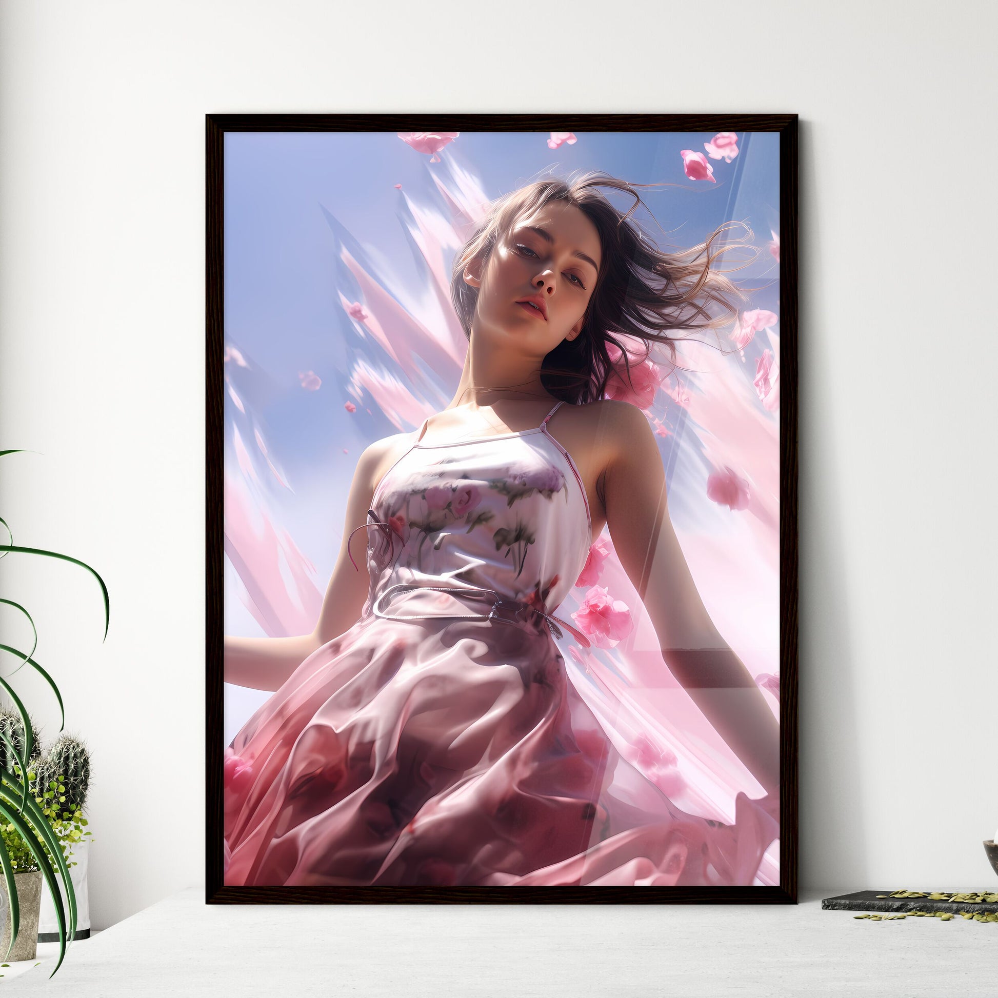 A Poster of A young lady is wearing a pink d - Framed Art Print