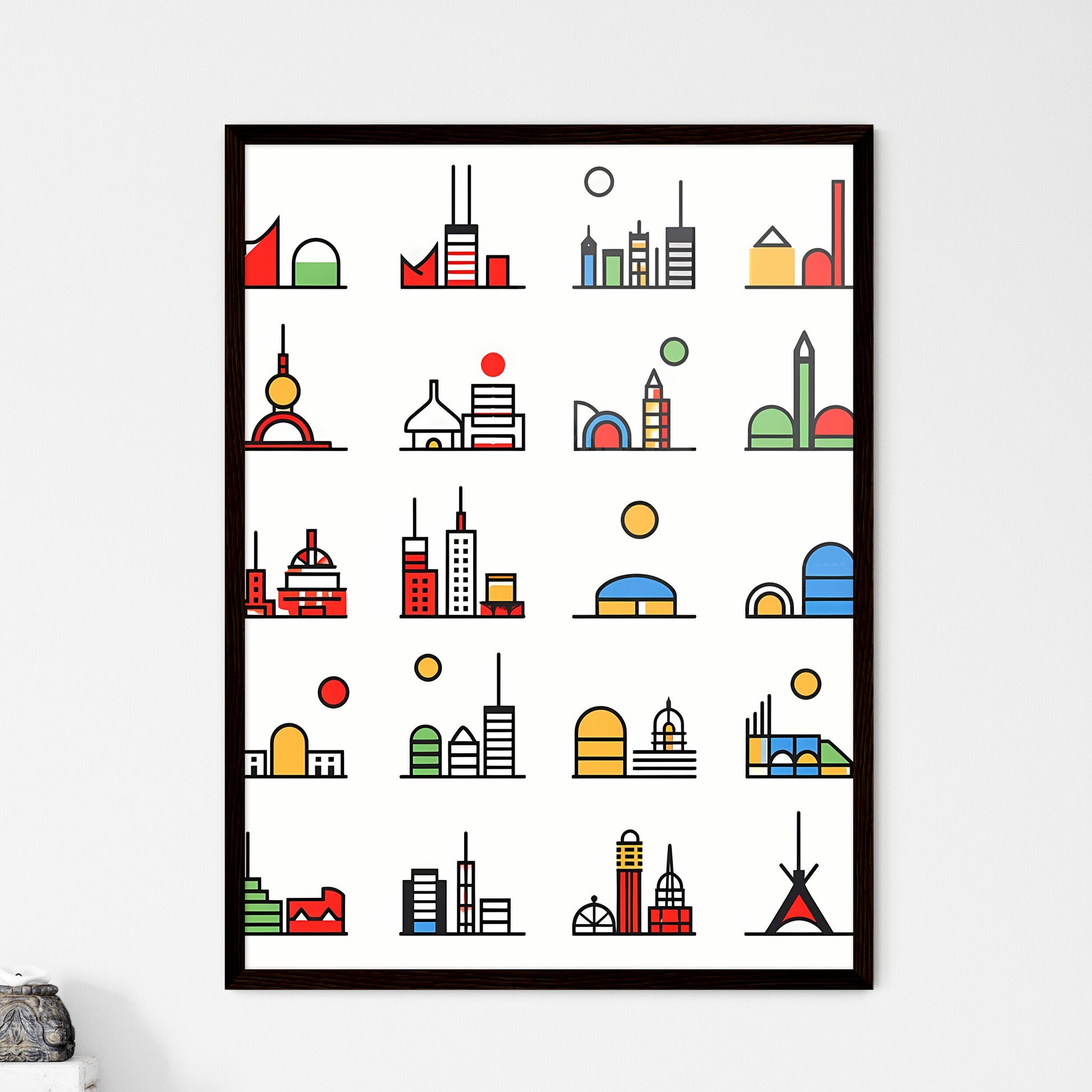 A Poster of minimalist Tokyo skyline - A Collection Of Colorful Buildings Framed Art