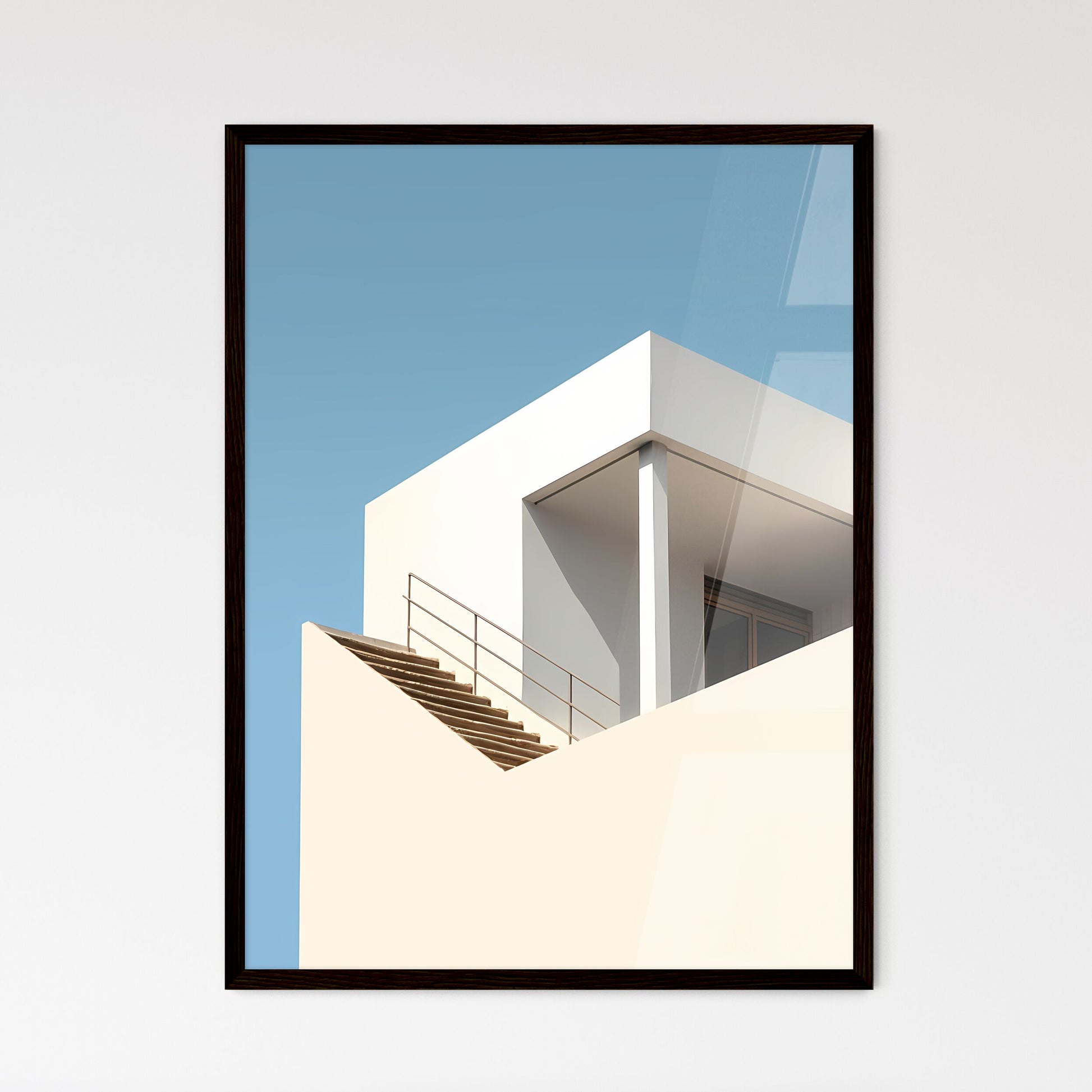 A Poster of diminished minimalism art - A White Building With Stairs Framed Art