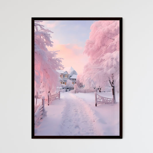 A Poster of beautiful snow scene - A Path In The Snow With Trees And A House Default Title