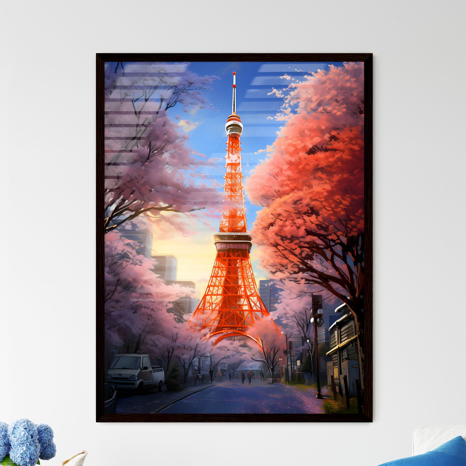 A Poster of A painting of the Tokyo Tower - Tokyo Tower With Trees In The Background Framed Art