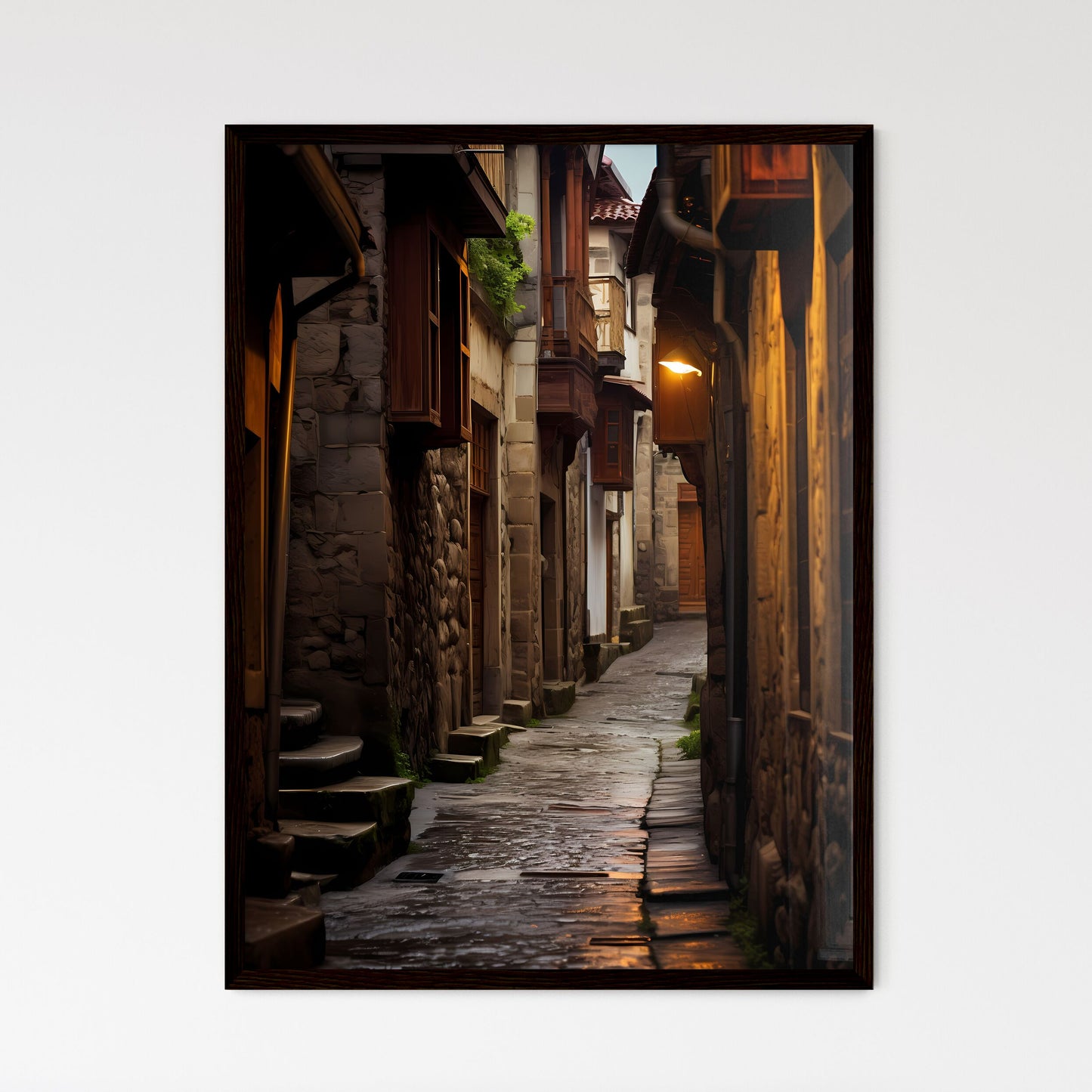 A Poster of Narrow street Ottoman architecture - A Stone Alleyway With A Light On The Side Framed Art