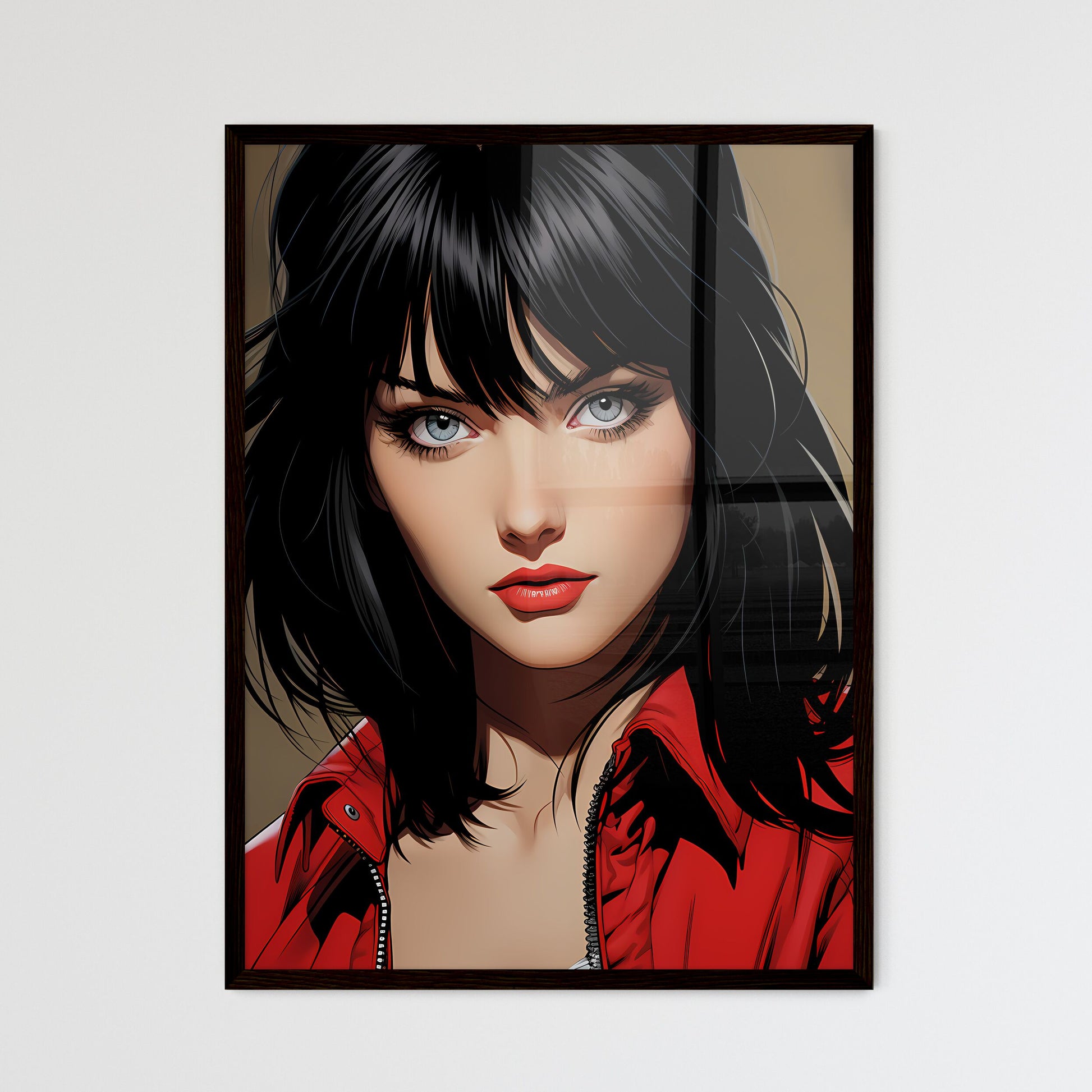 A Poster of Illustration Manga - A Woman With Black Hair And Red Jacket Default Title