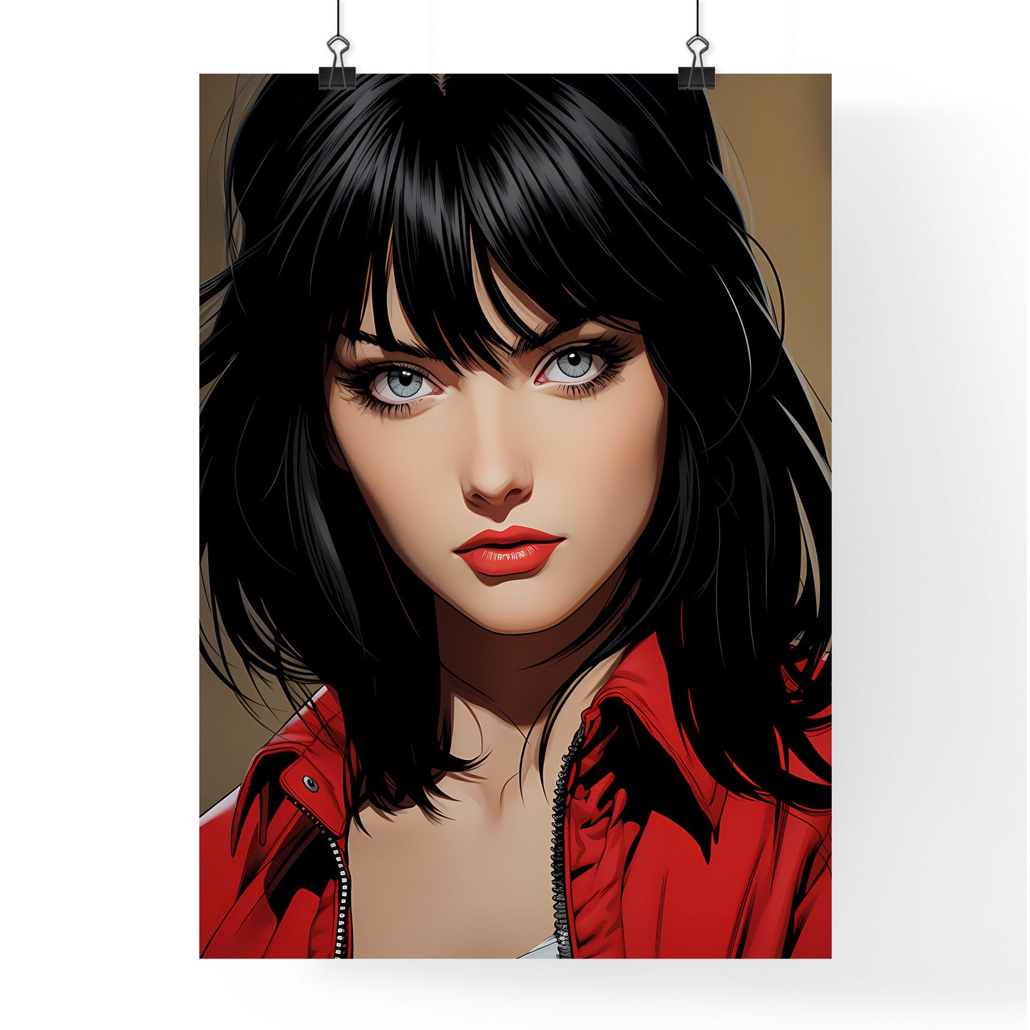 A Poster of Illustration Manga - A Woman With Black Hair And Red Jacket Default Title