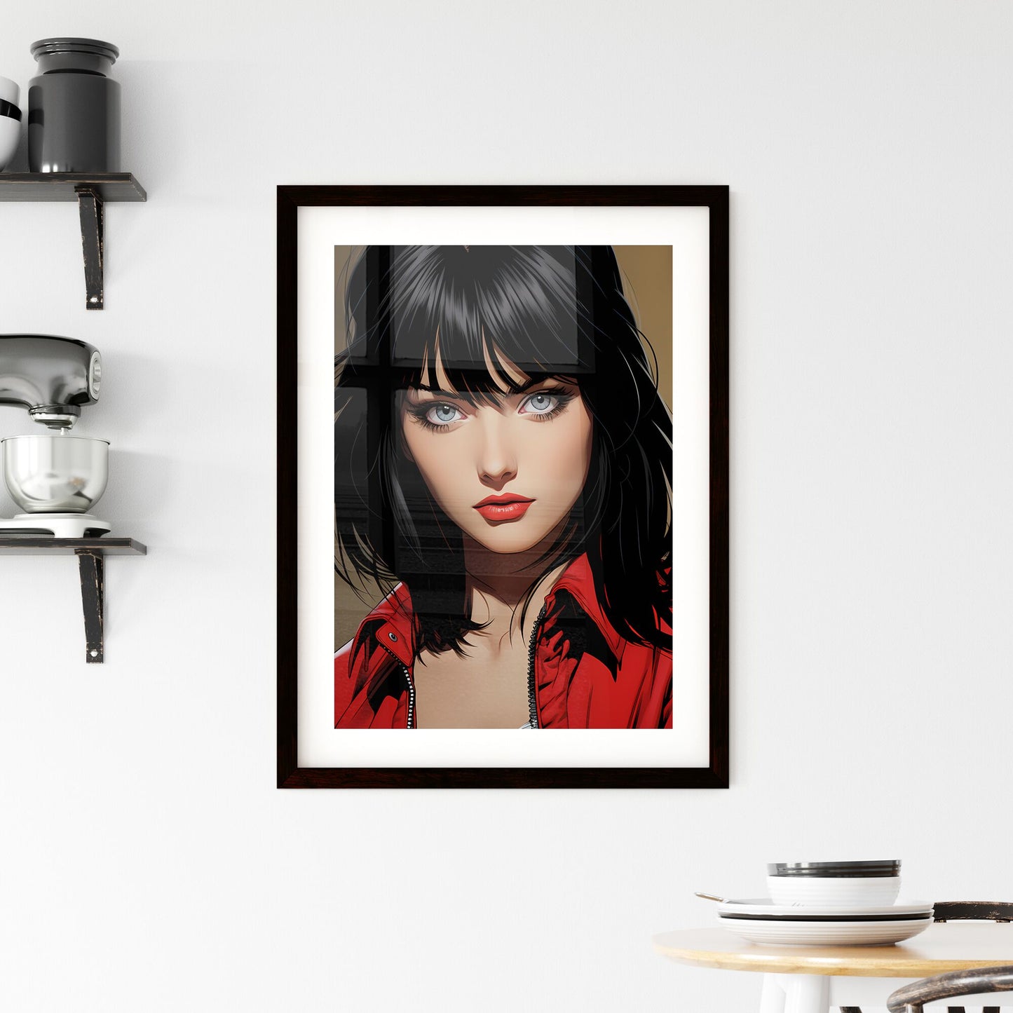 A Poster of Illustration Manga - A Woman With Black Hair And Red Jacket Default Title