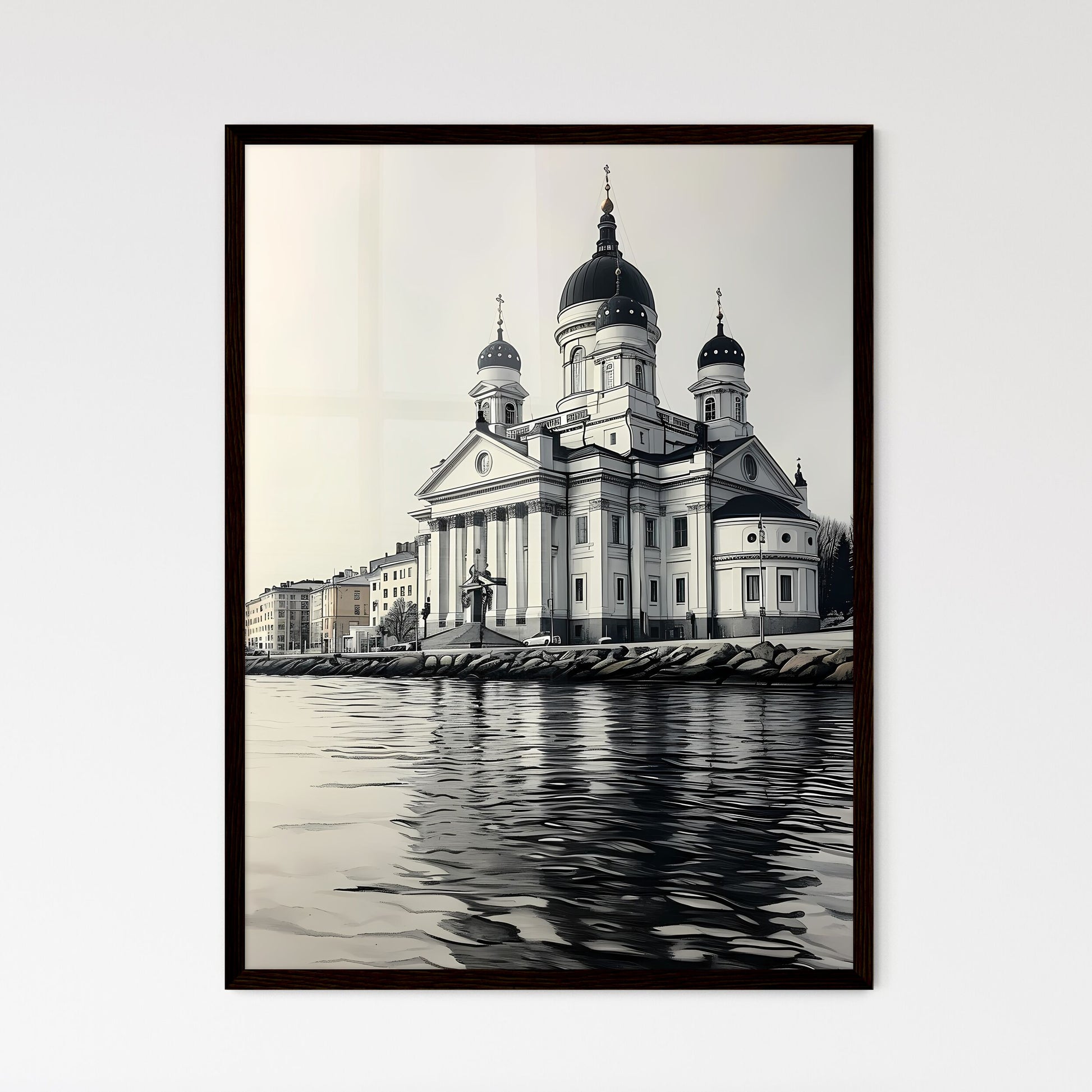 A Poster of Helsinki Capital of Finland - A Building With A Cross On The Top Framed Art