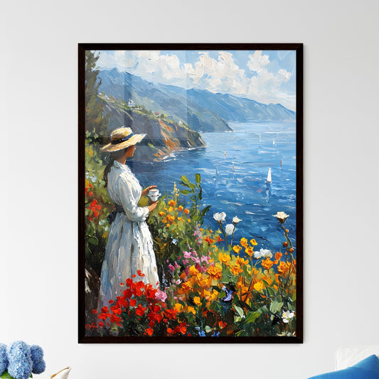 A Poster of A beautiful woman is drinking coffee - A Woman In A Hat Holding A Cup By A Body Of Water Default Title