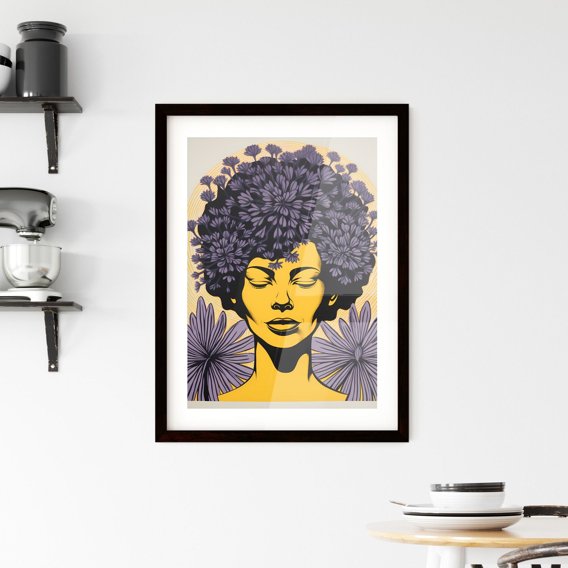A Poster of Linocut Print Minimalism - A Poster Of A Woman With Purple Flowers Default Title