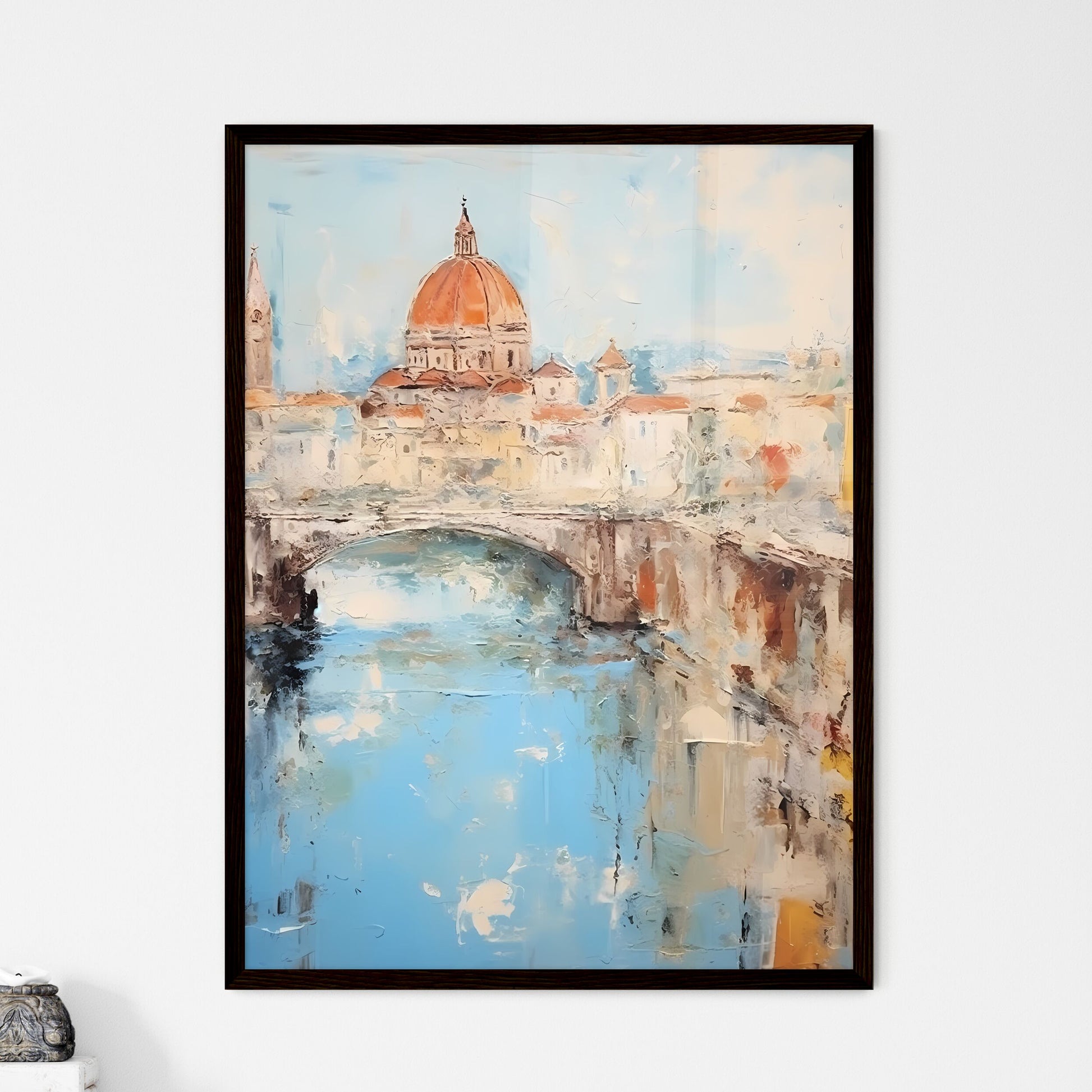 A Poster of paper texture background - A Painting Of A Bridge And A Building Framed Art