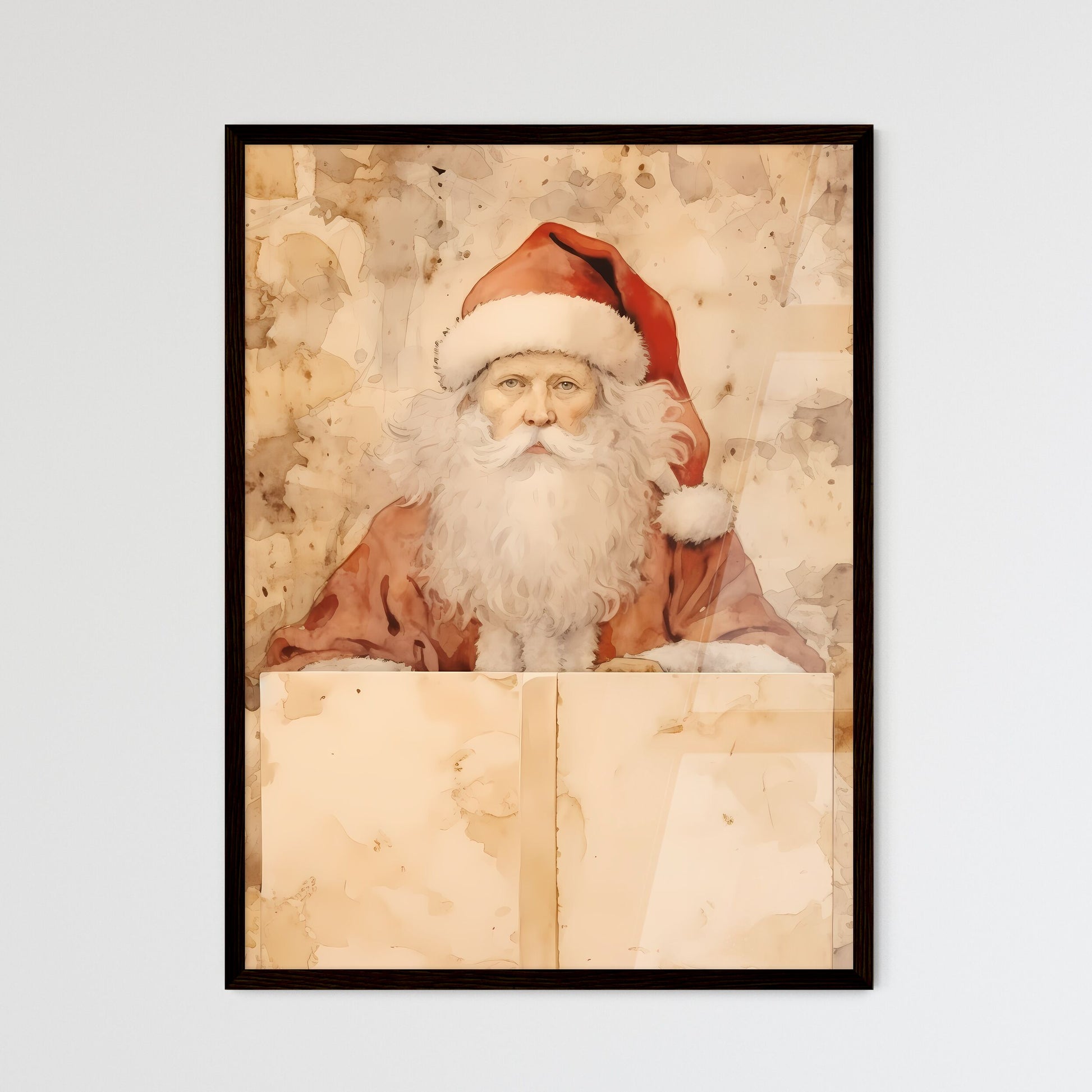 A Poster of santa claus on a beige insulated - Framed Art Print