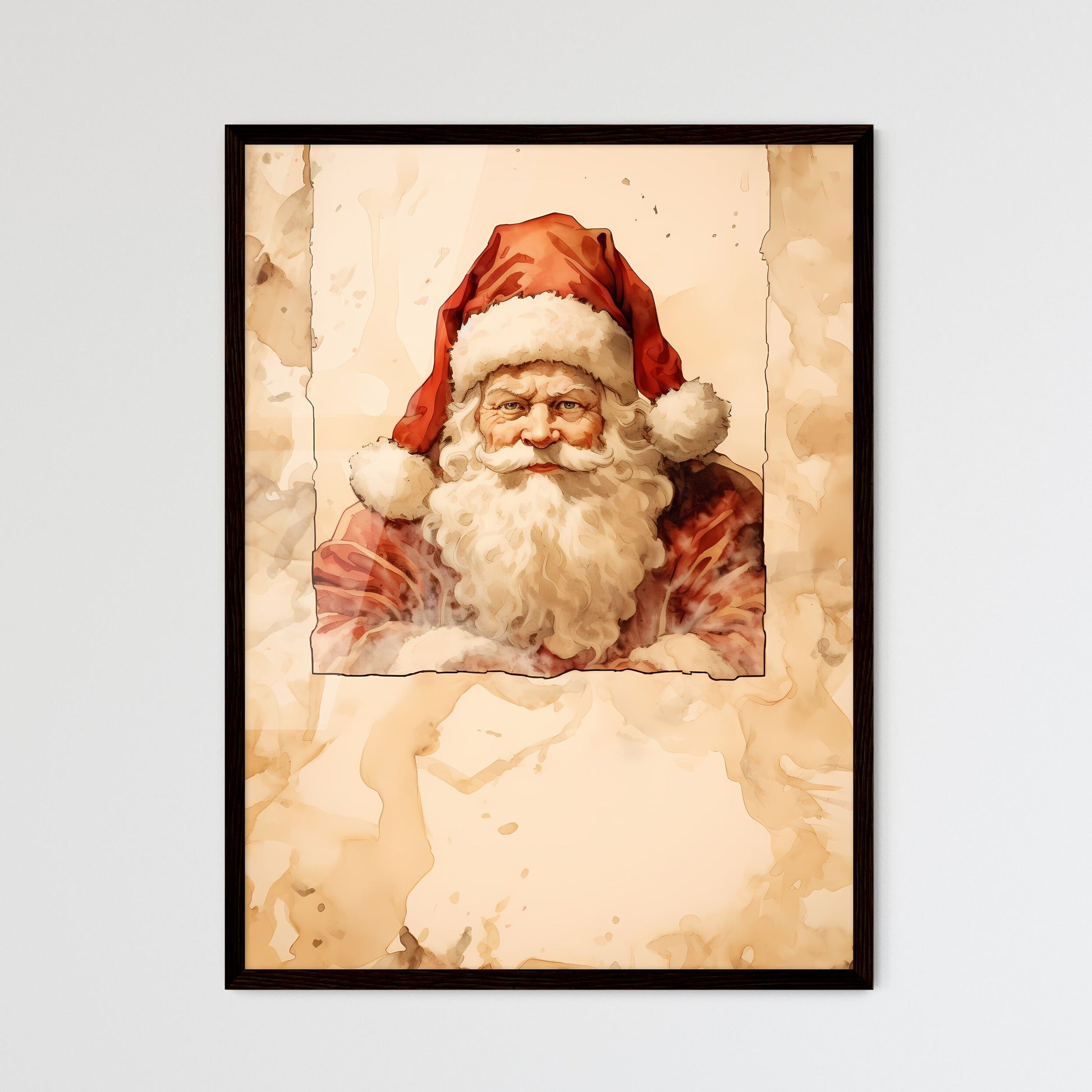 A Poster of santa claus on a beige insulated - Framed Art Print