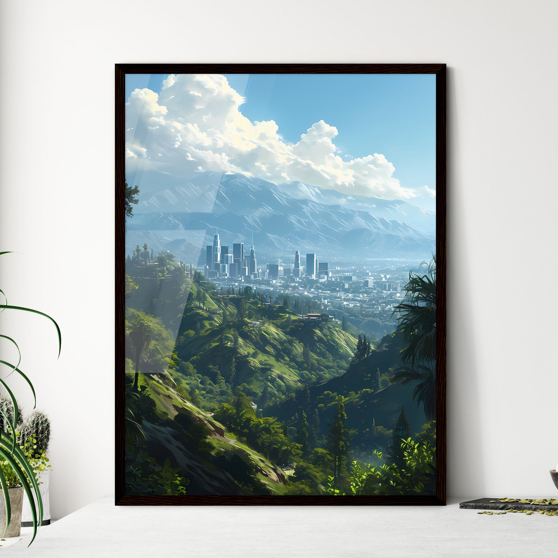 A Poster of Hollywood California Skyline - A City In The Mountains Framed Art