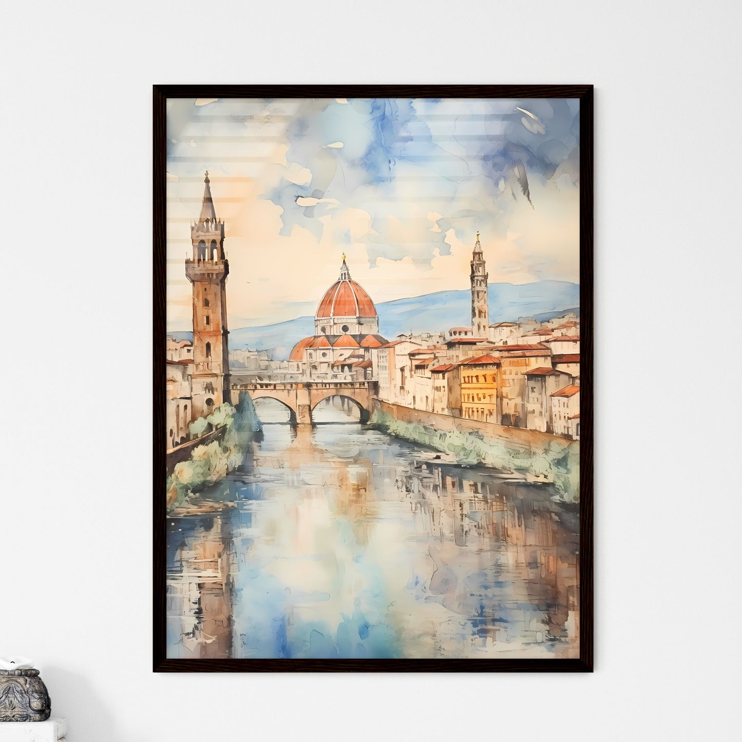 A Poster of paper texture background - Water With A Bridge And A Red Dome Framed Art