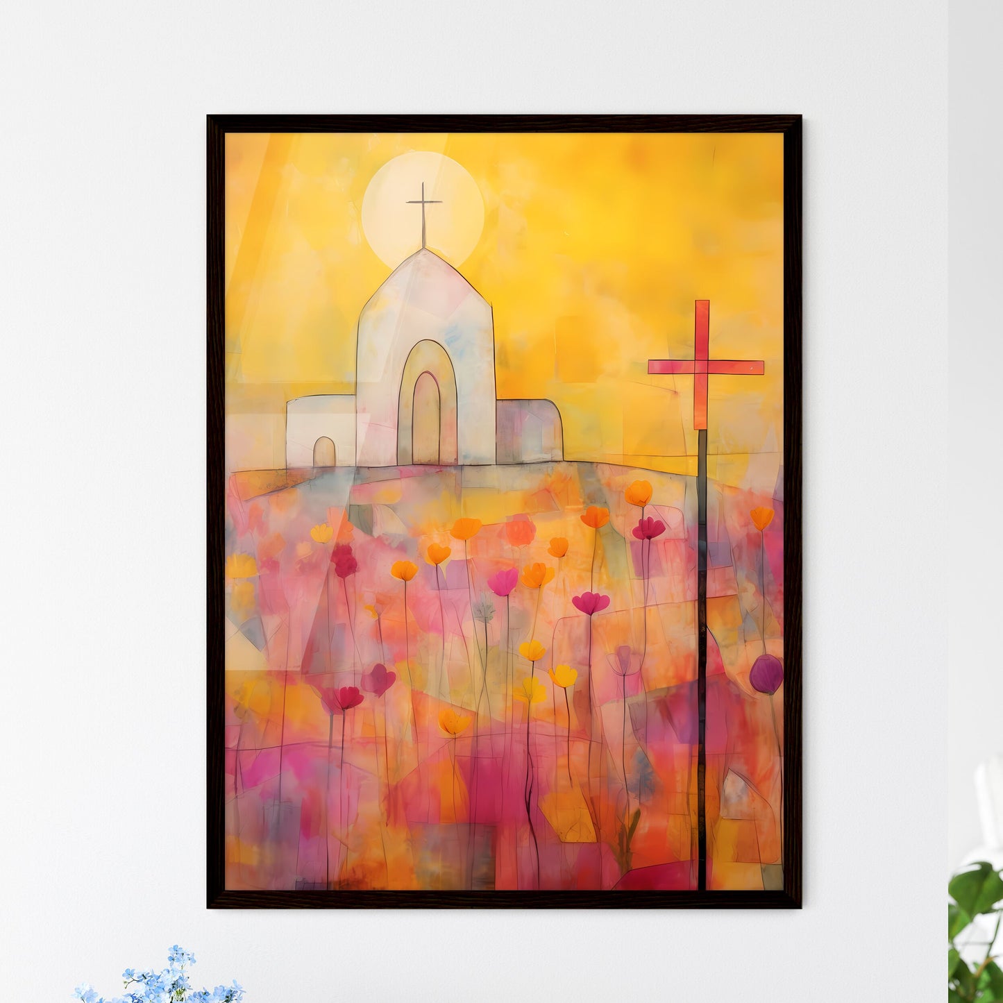 A Poster of the easter church painting - A Painting Of A Church And A Cross In A Field Of Flowers Framed Art