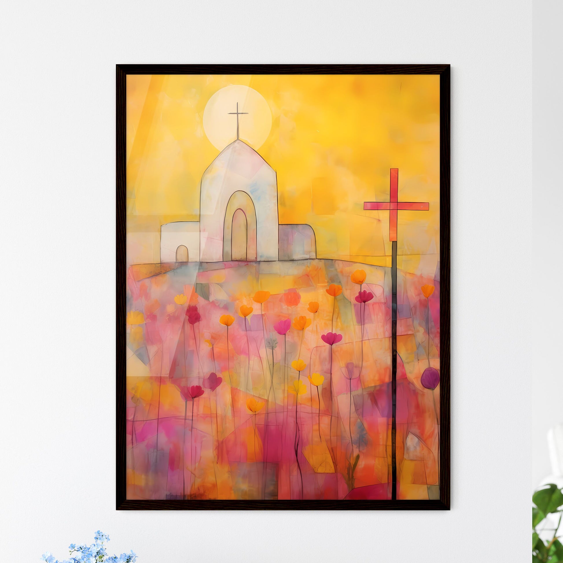 A Poster of the easter church painting - A Painting Of A Church And A Cross In A Field Of Flowers Framed Art