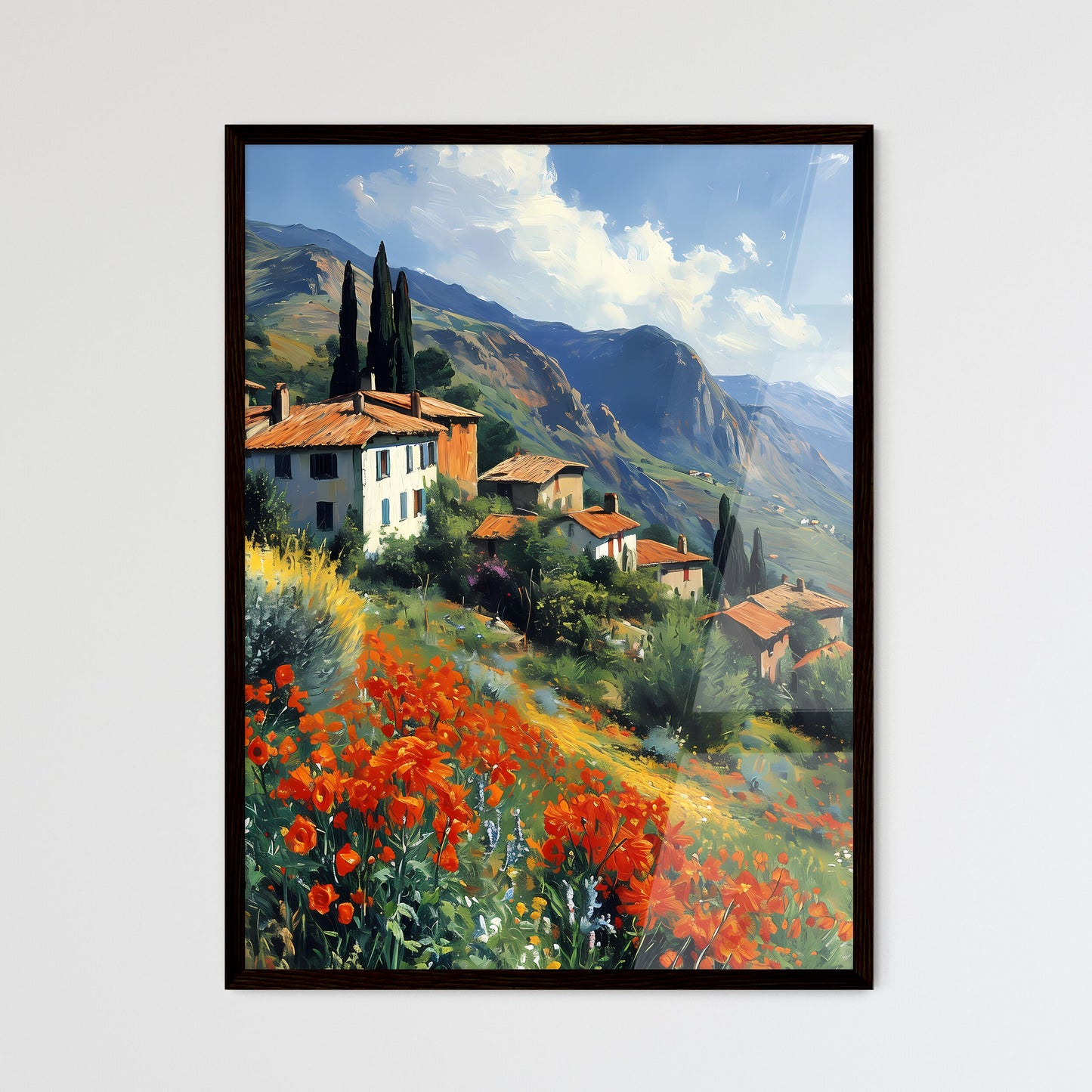 A Poster of impressionistic landscape in Southern France - A Group Of Houses On A Hillside With Flowers Framed Art