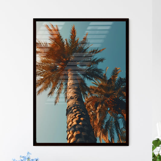 A Poster of two palm trees amidst a blue - A - Framed Art Print
