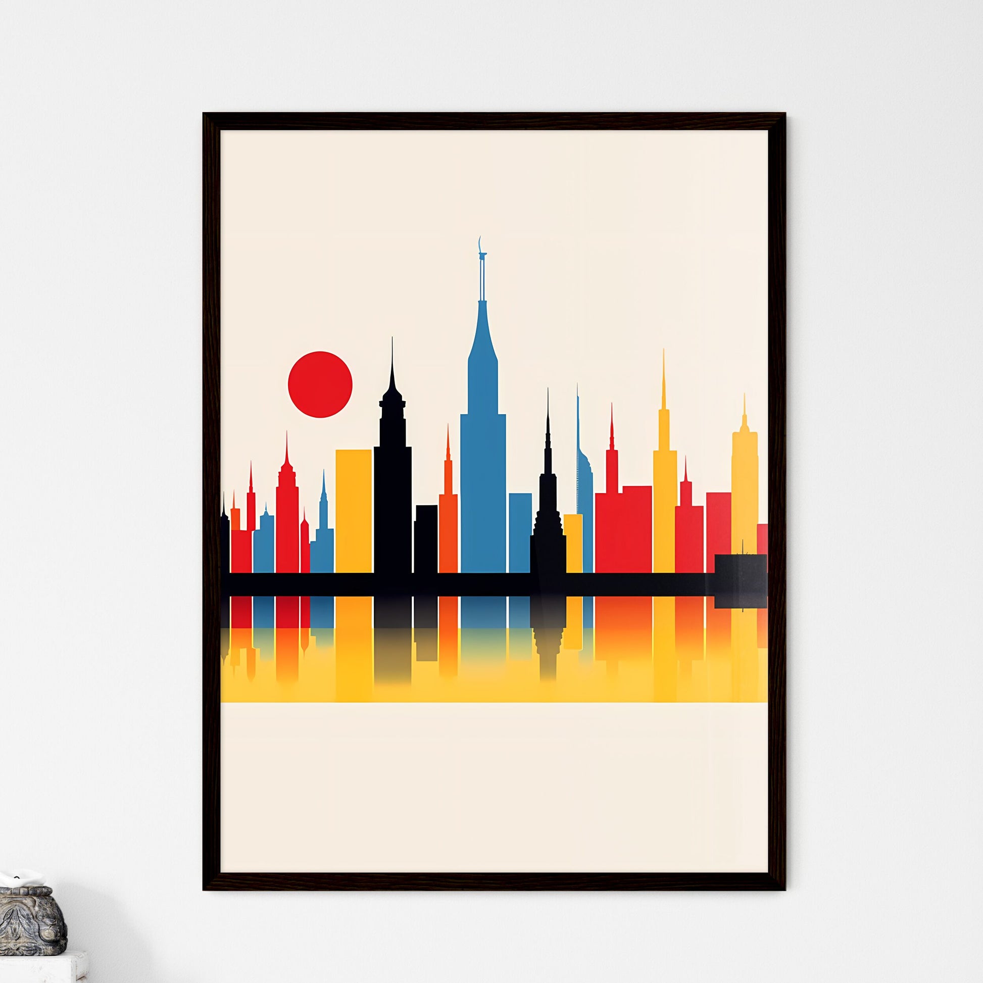 A Poster of minimalist Barcelona skyline - A Colorful City Skyline With A Red Sun Framed Art