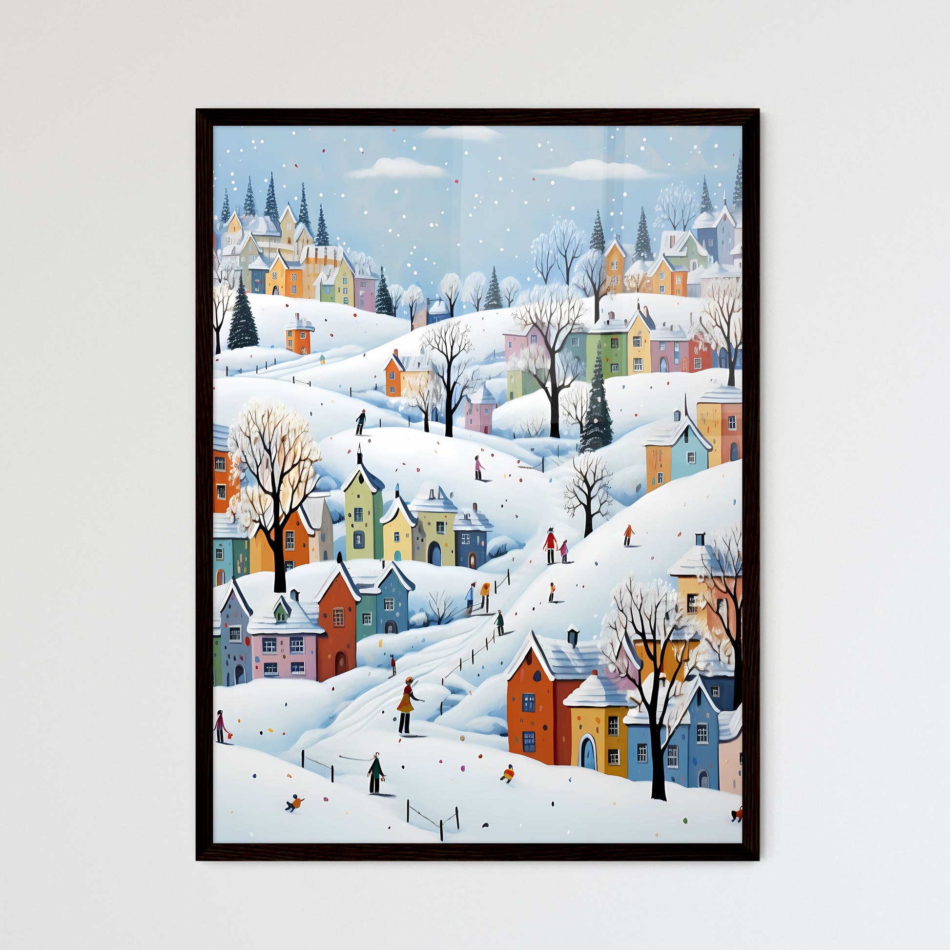 A Poster of snow landscape - A Painting Of A Town With Many Colorful Houses And Trees Default Title