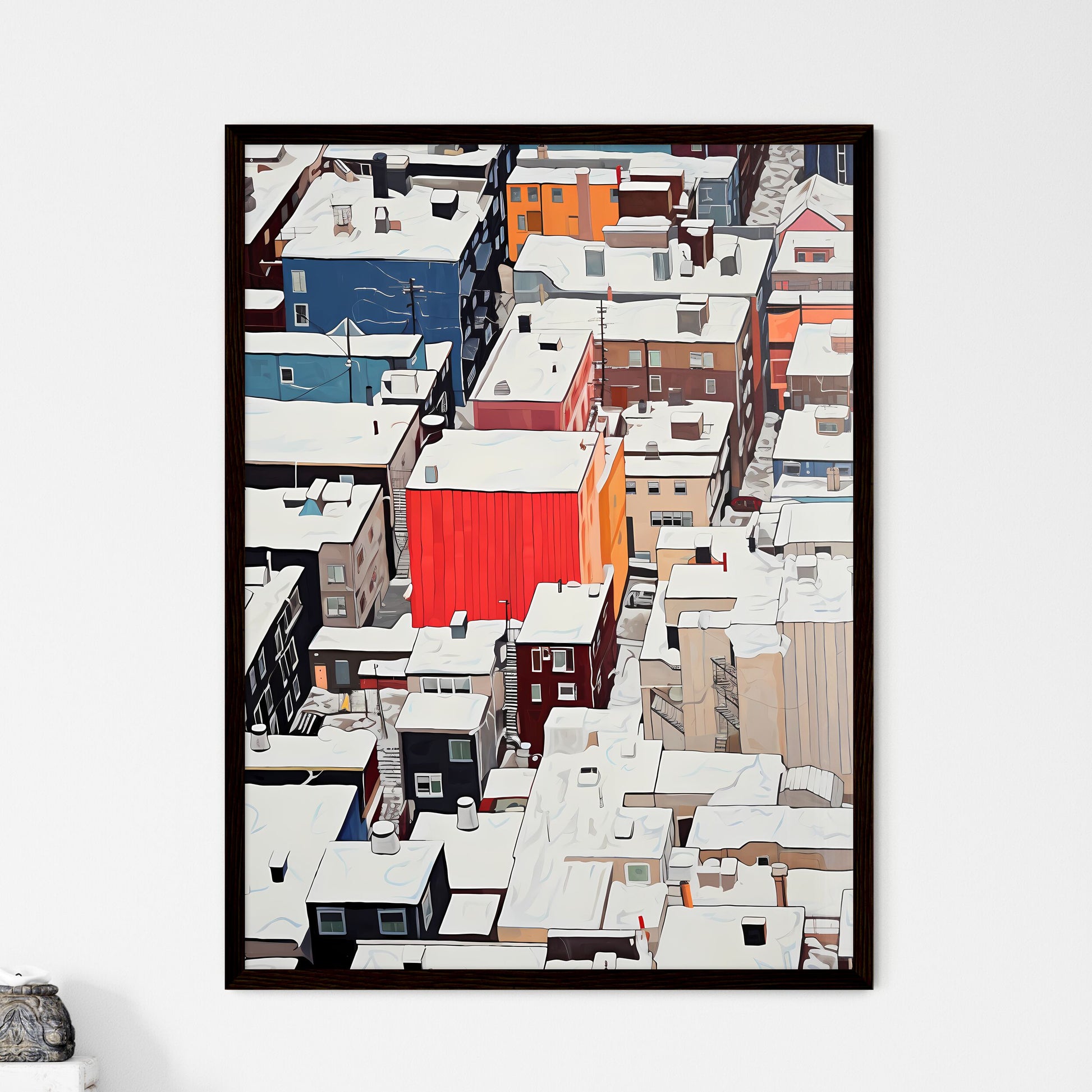 A Poster of snowy new york city roofs seen from above - A Group Of Buildings Covered In Snow Framed Art